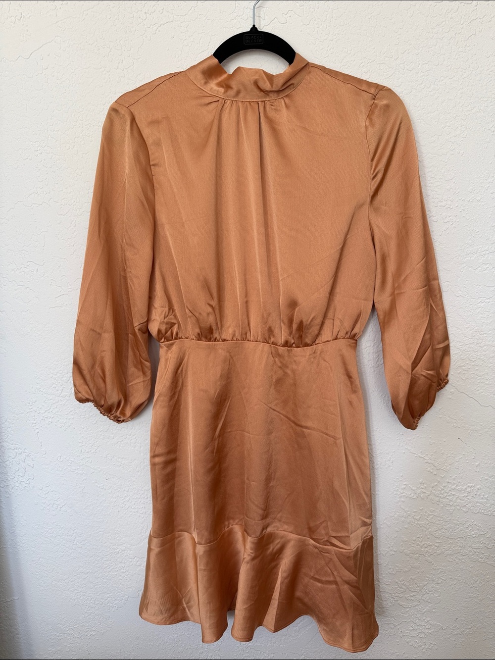 Vici Satin Mock-Neck Long Sleeve Dress in Camel